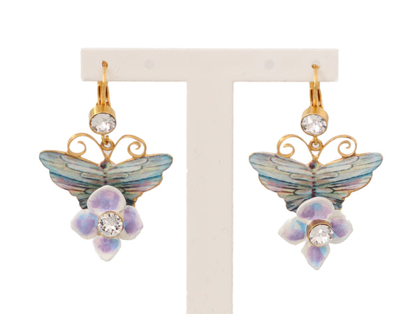 Gold Brass Clear Crystal Butterfly Hoop Dangling Drop Earrings