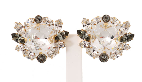 Gold Brass Crystal Clear Gray NATALE Clip Earrings
