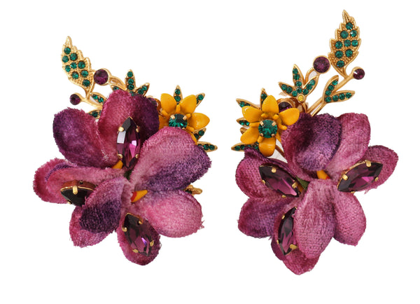 Gold Crystal Floral Mix Fiori ClipOn Earrings