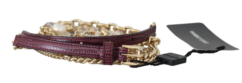 Gold Chain Bordeaux Leather Pattern Crystal Belt