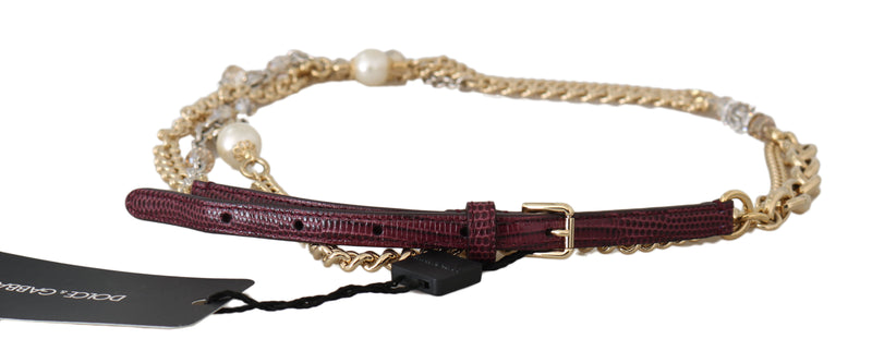 Gold Chain Bordeaux Leather Pattern Crystal Belt