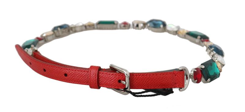 Red Leather Multicolor Crystal Waist Wrap Belt
