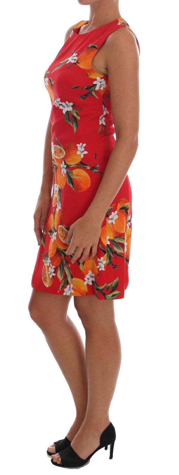 Red Orange Floral Print Shift Dress Silk