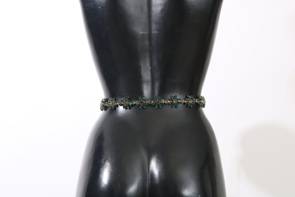Green Leather Crystal Flower Waist Wrap Belt