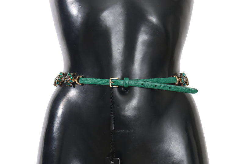 Green Leather Crystal Flower Waist Wrap Belt