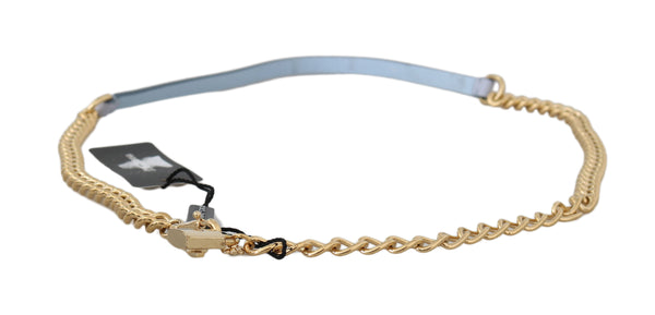 Blue Leather Gold Chain Waist Wrap Belt