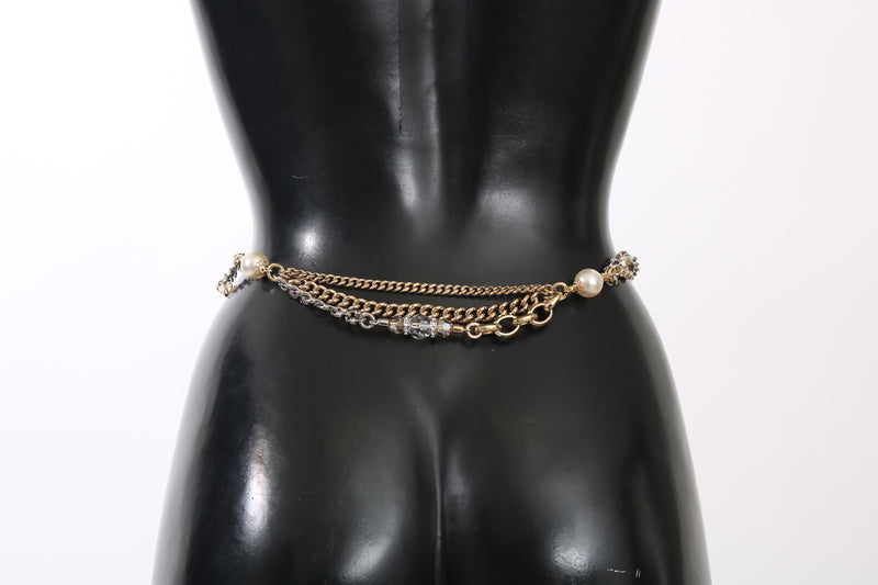 Gray Leather Gold Chain Crystal Pearl Belt