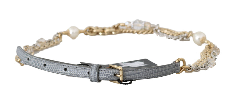 Gray Leather Gold Chain Crystal Pearl Belt