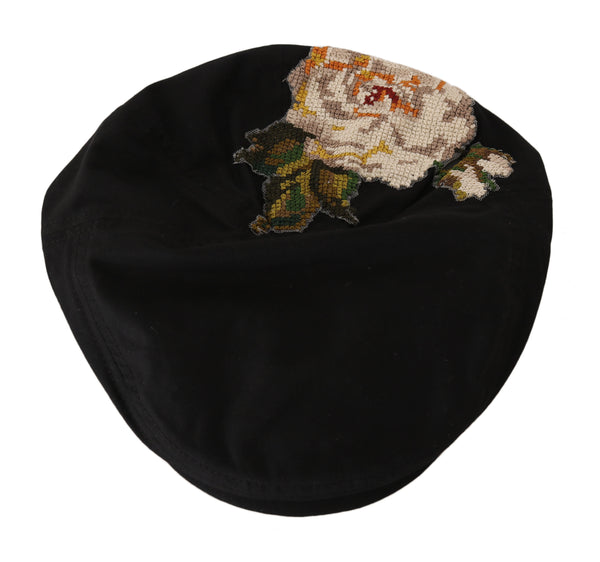 Black Cotton Stitched Flower Newsboy Hat