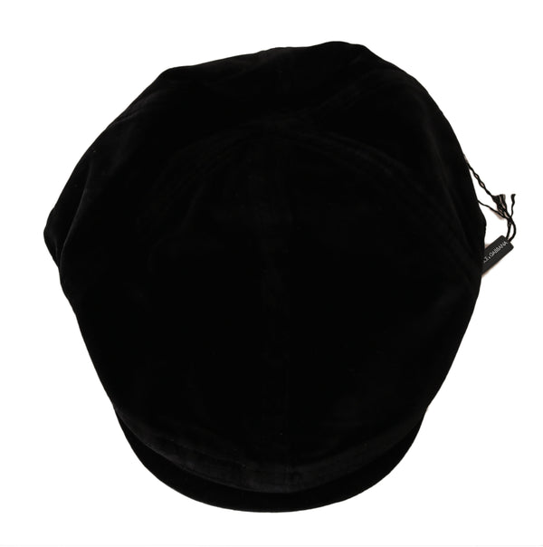Solid Black Velvet Logo Badge Newsboy Cap