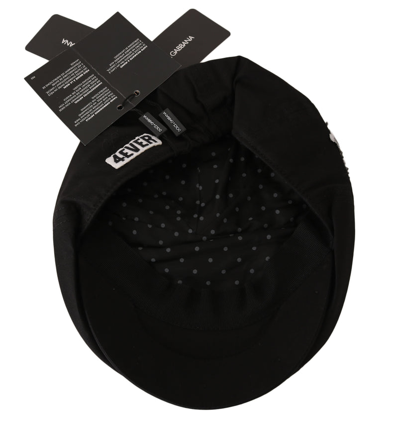 Black Cotton Stitched Flower Newsboy Hat