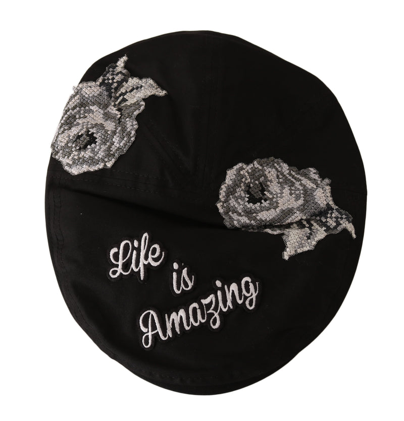 Black Cotton Stitched Flower Newsboy Hat