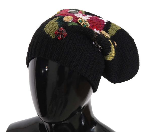 Black Wool Crystal Studded Knitted Floral Beanie Hat
