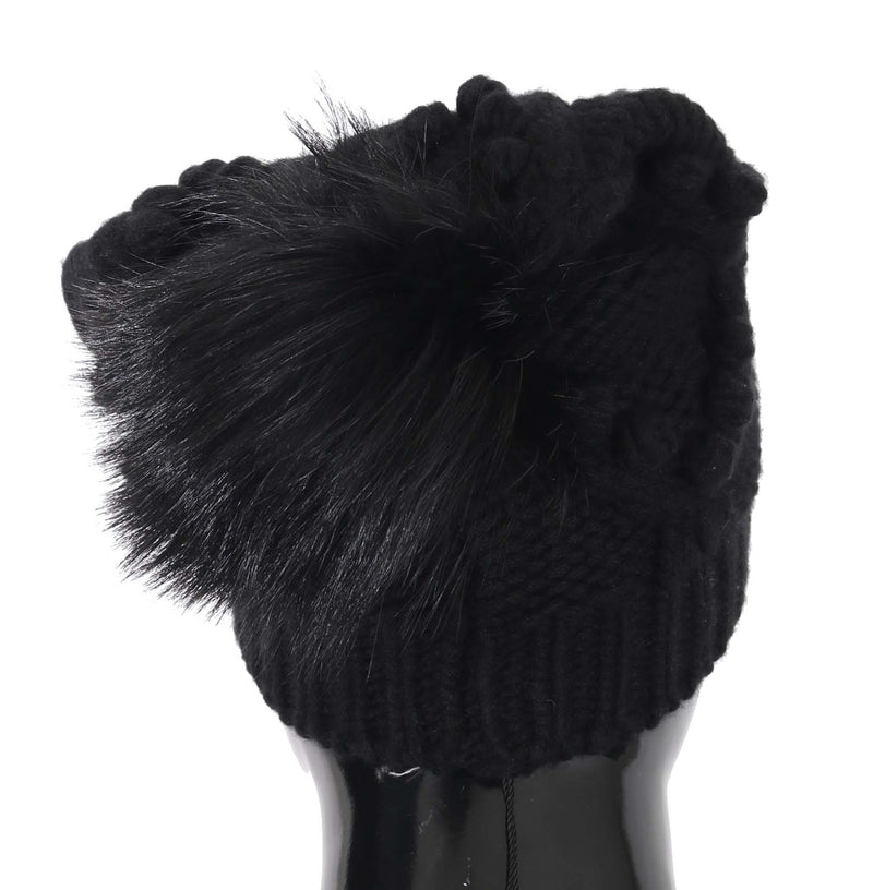 Black Knitted Cashmere Silver Fox Fur Hat