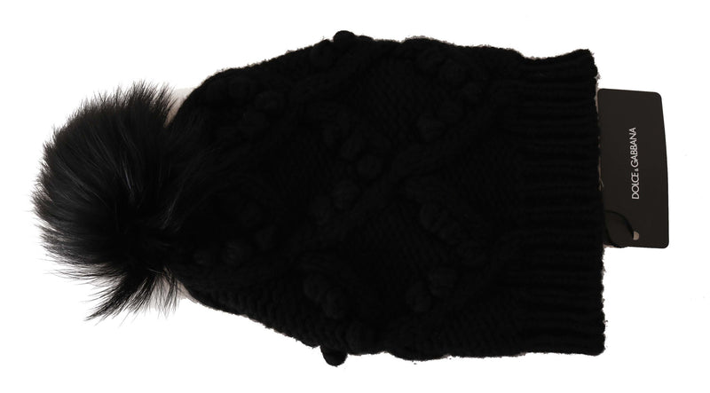 Black Knitted Cashmere Silver Fox Fur Hat