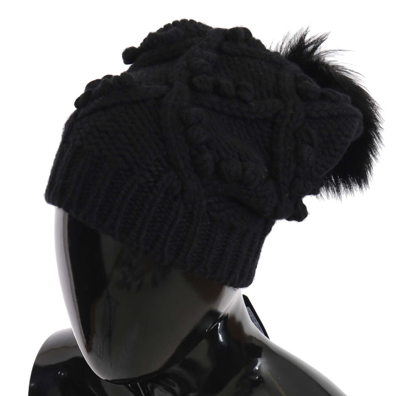 Black Knitted Cashmere Silver Fox Fur Hat