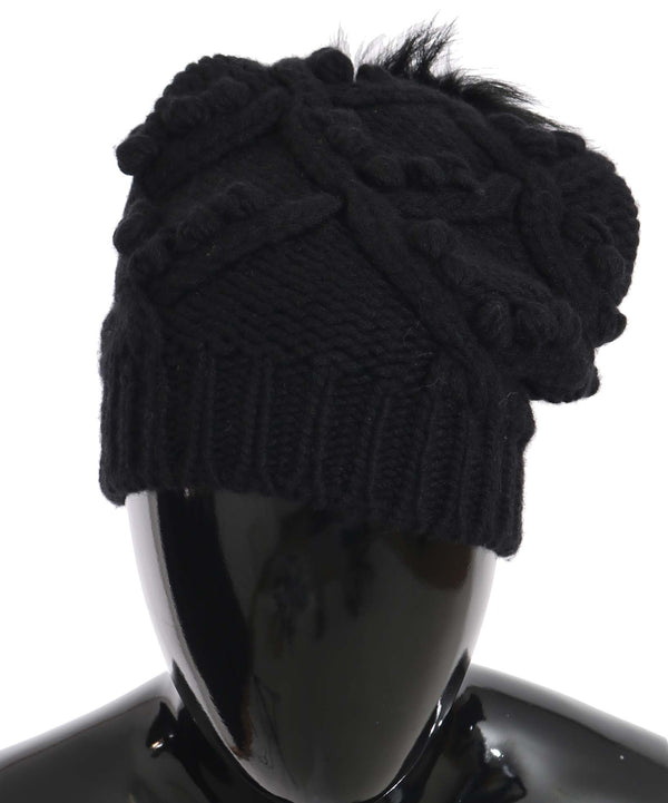 Black Knitted Cashmere Silver Fox Fur Hat