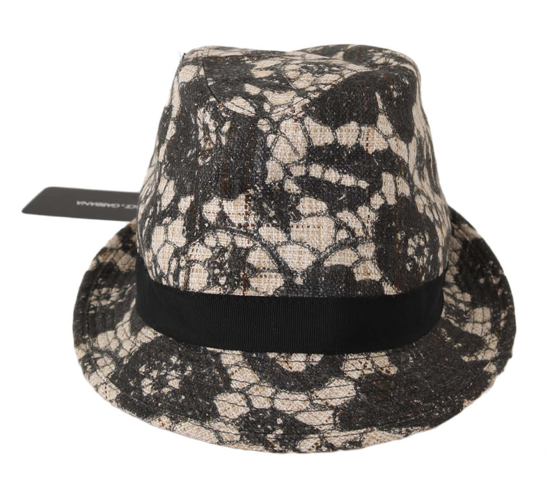 Beige Black Silk Cotton Lace Pattern Trilby Hat