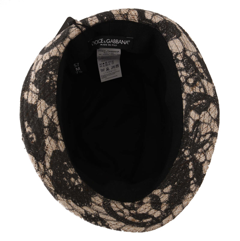 Beige Black Silk Cotton Lace Pattern Trilby Hat