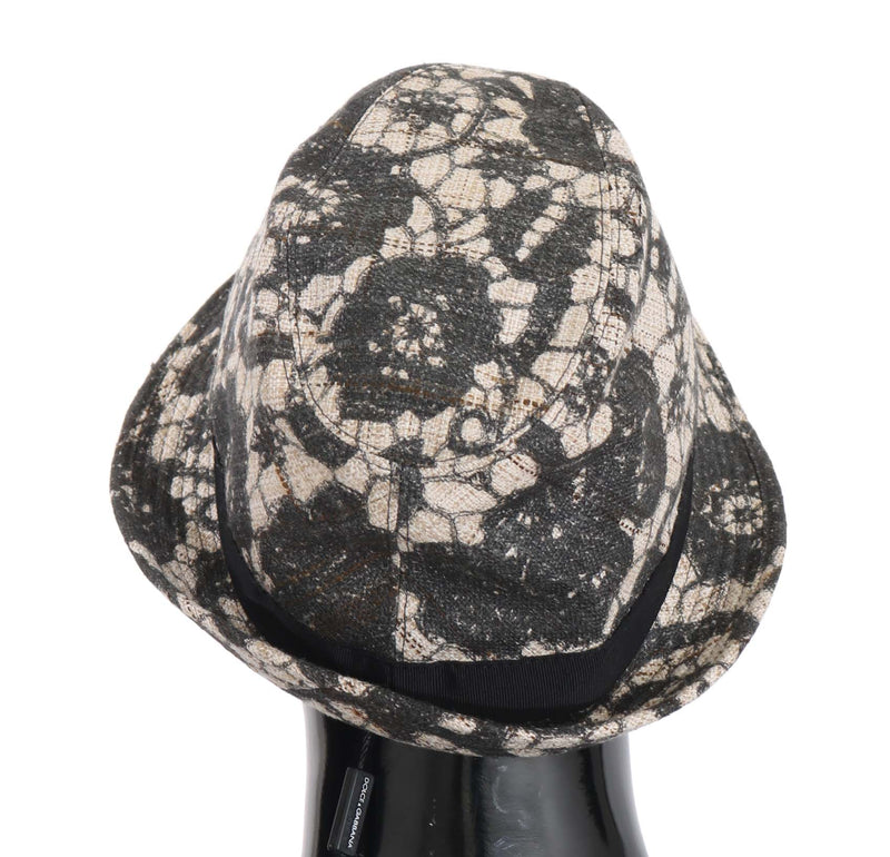 Beige Black Silk Cotton Lace Pattern Trilby Hat