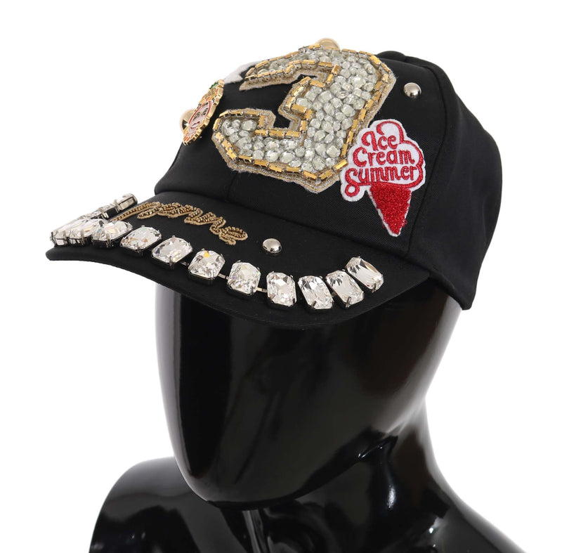 Black Wool Crystal Embellished Studded Baseball Cap