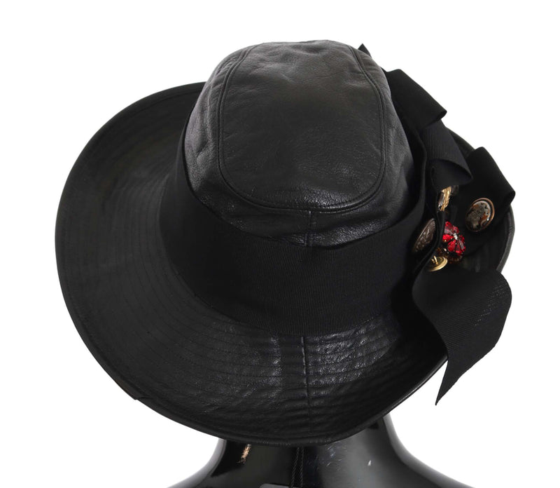 Black Leather Wide Brim DG Coin Crystal Hat