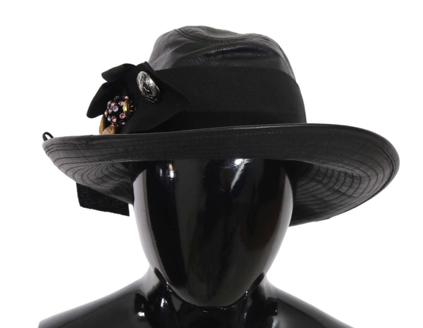 Black Leather Wide Brim DG Coin Crystal Hat