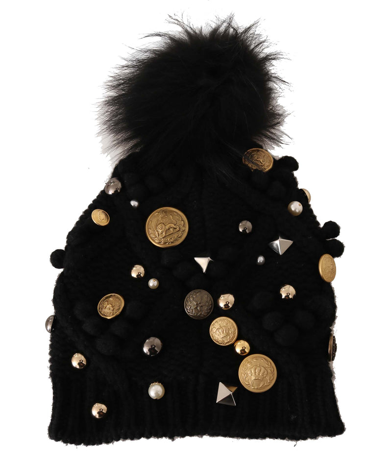 Black Knitted Cashmere Crystal Studded DG Logo Coins Hat