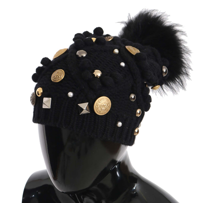 Black Knitted Cashmere Crystal Studded DG Logo Coins Hat