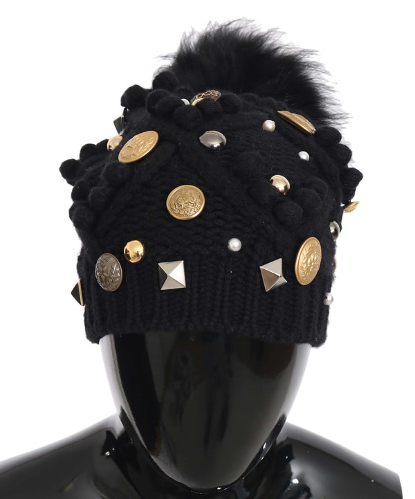 Black Knitted Cashmere Crystal Studded DG Logo Coins Hat