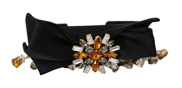 Black Silk Bow Gold Crystal Diadem Headband