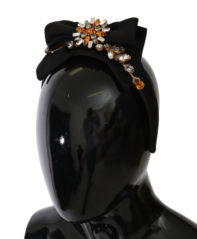 Black Silk Bow Gold Crystal Diadem Headband