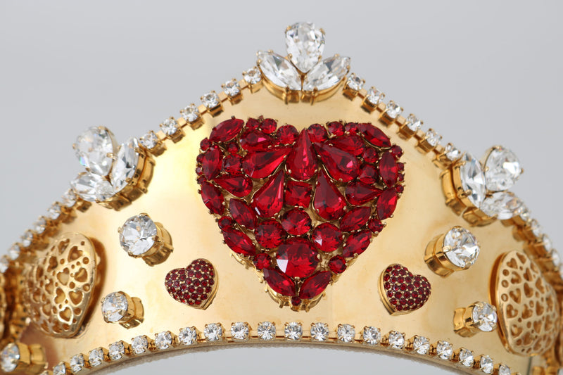 Gold Brass Red Crystal Heart Head Tiara Crown
