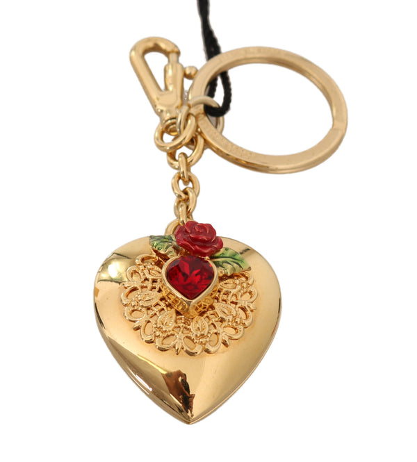 Gold Heart Brass Red Crystal Rose Keyring Keychain