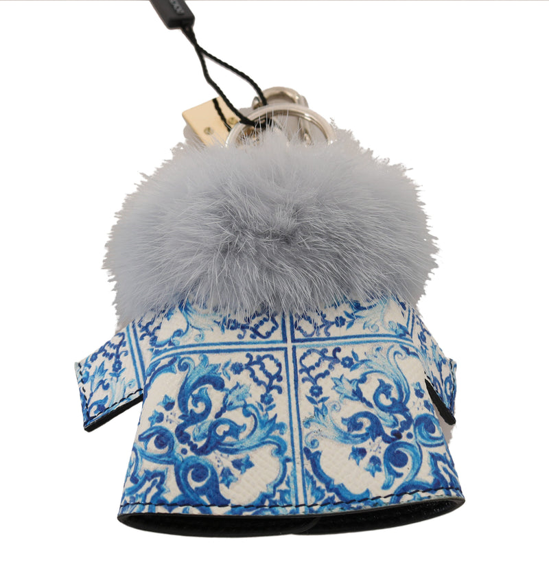 White Blue Leather Fur Majolica Jacket Keyring Keychain