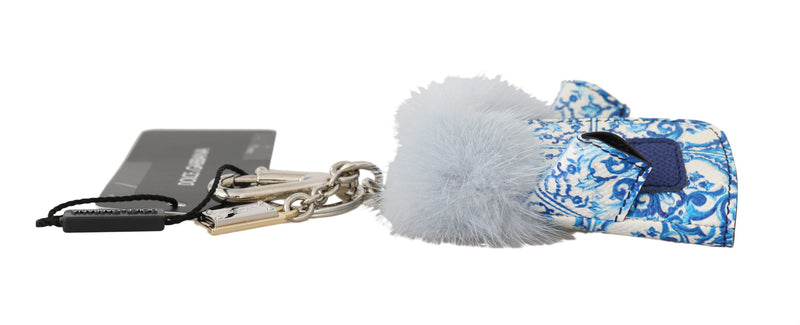 White Blue Leather Fur Majolica Jacket Keyring Keychain