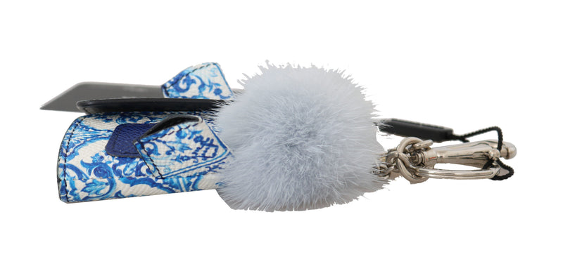 White Blue Leather Fur Majolica Jacket Keyring Keychain