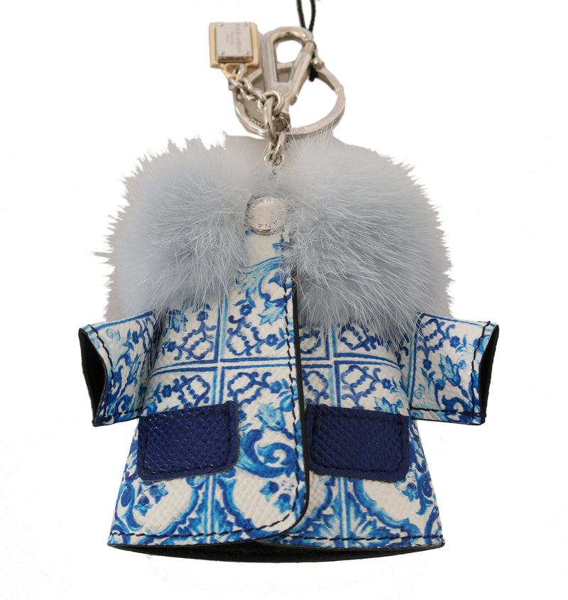 White Blue Leather Fur Majolica Jacket Keyring Keychain