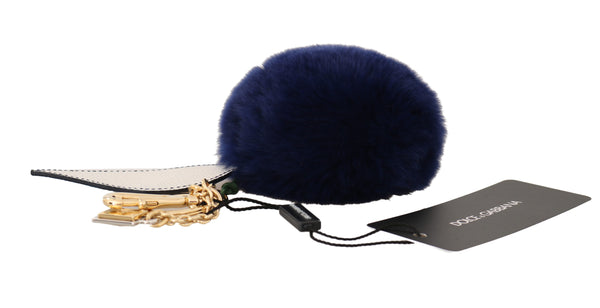 White Blue Leather Fur Gold Clasp Keyring Keychain