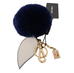 White Blue Leather Fur Gold Clasp Keyring Keychain