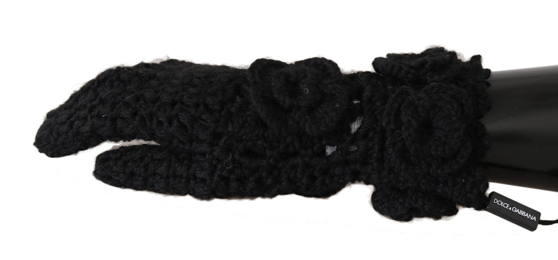Black 100% Cashmere Knitted Floral Warm Gloves