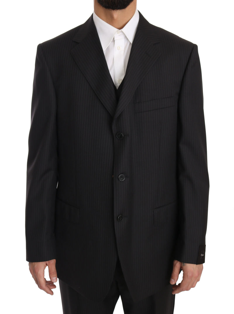 Gray Three Piece 3 Button Wool Striped Suit