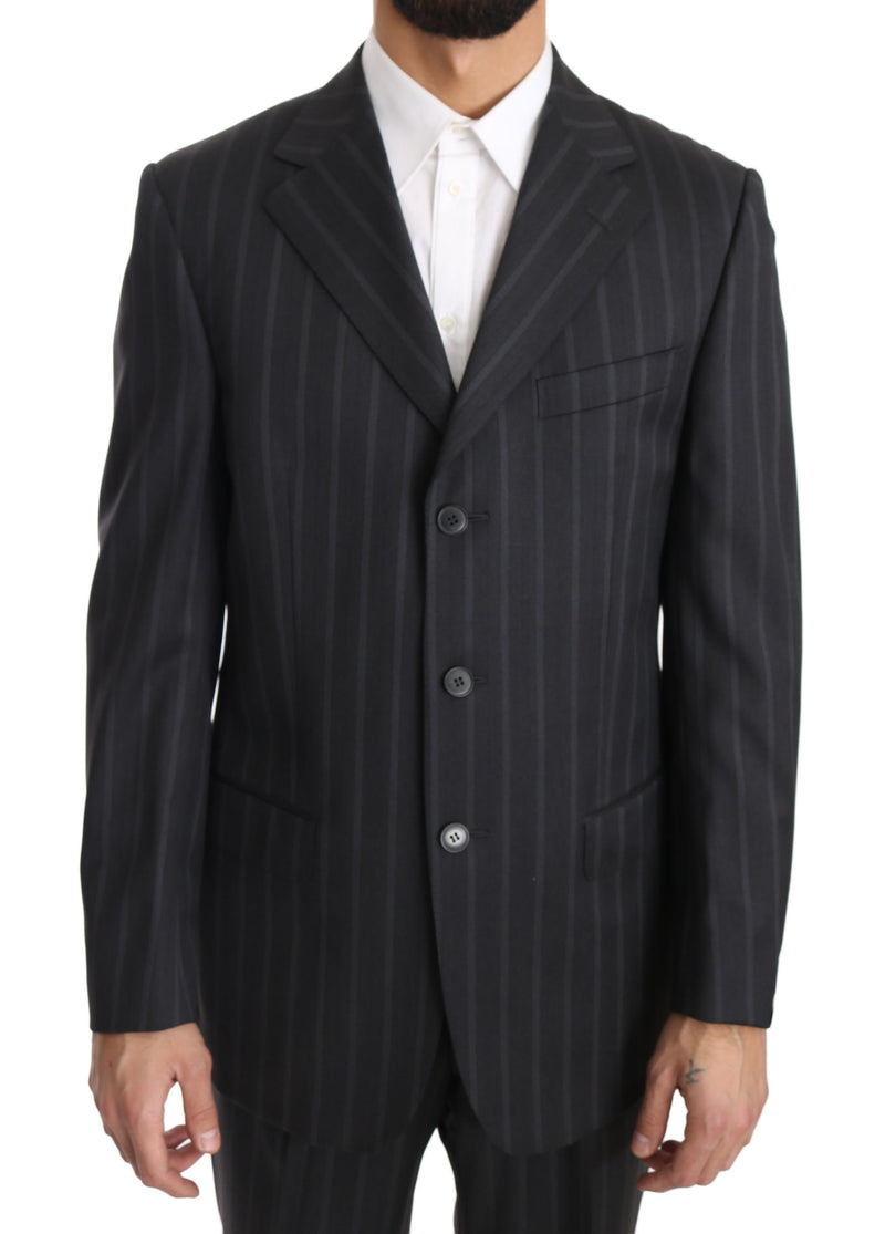 Dark Gray Two Piece 3 Button Wool Striped Suit