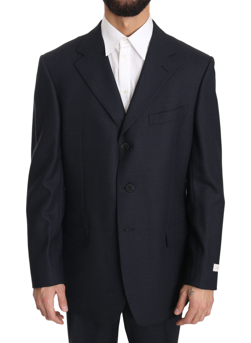 Blue Solid 2 Piece 3 Button Wool Suit