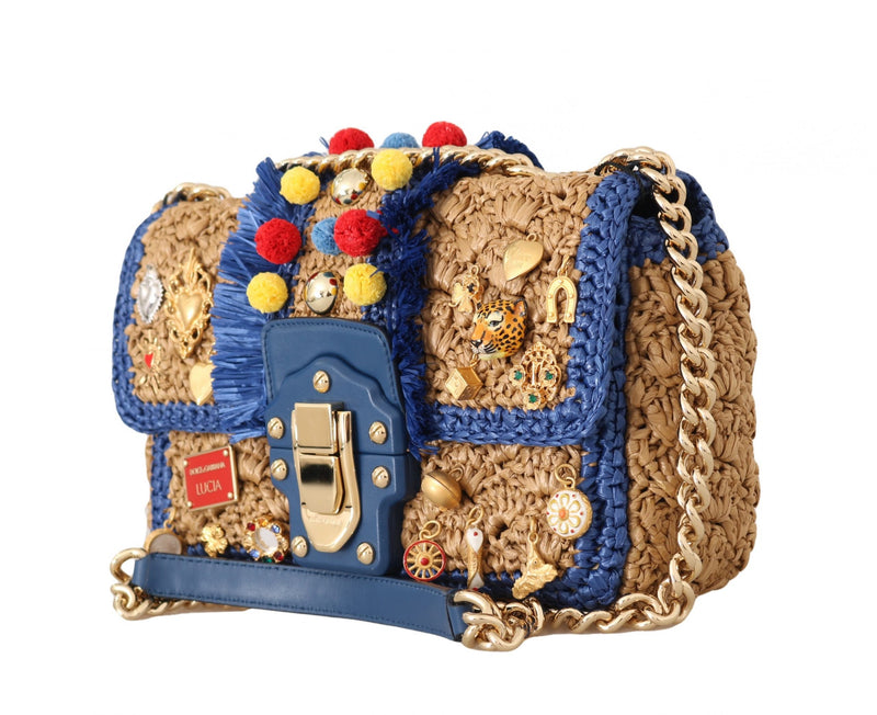 Blue Beige LUCIA  Raffia Charm Tiger Leather Purse