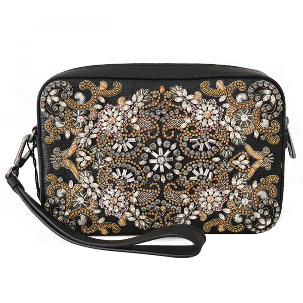 Black Leather Crystal Beaded Clutch Toiletry Wallet