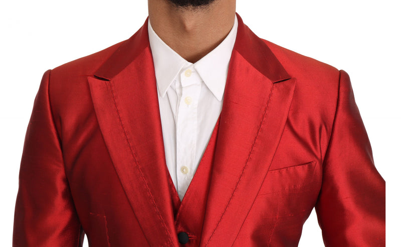 Red Silk Slim Fit 3 Piece Two Button Suit