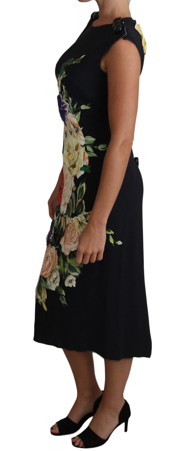 Floral Print Viscose Midi Gown Buttons Dress