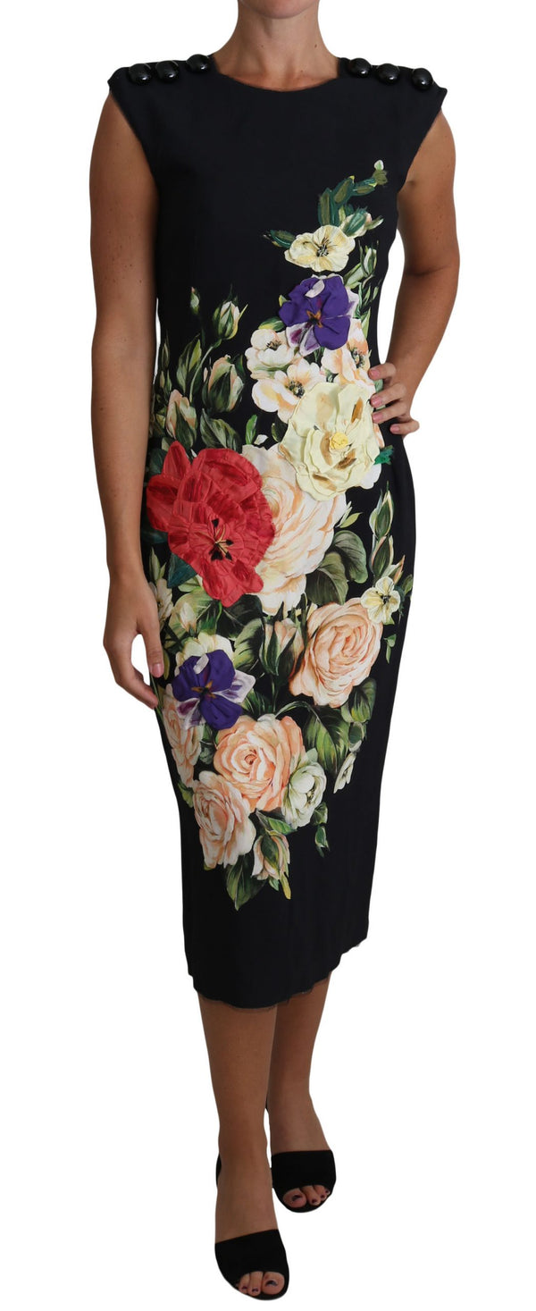 Floral Print Viscose Midi Gown Buttons Dress