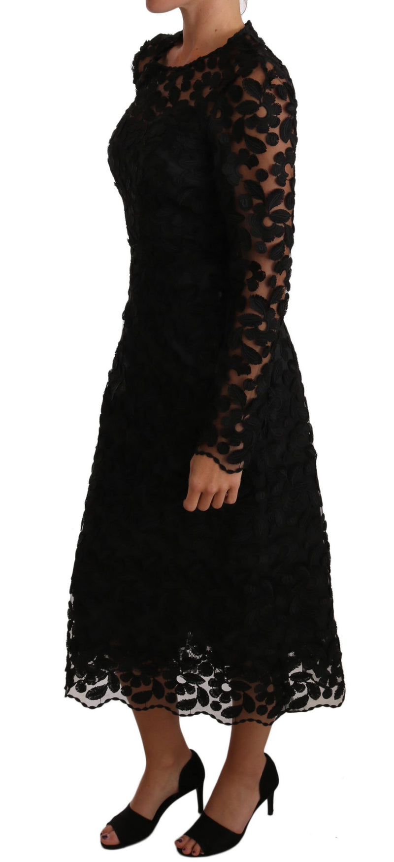 Black Floral Embroidered Midi Lace Dress
